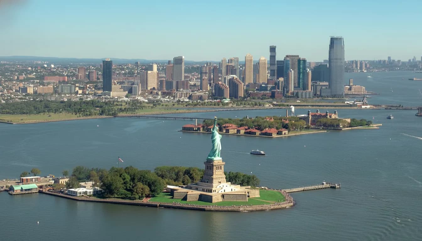 Aerial view of Liberty Island and Ellis Island with Jersey City skyline