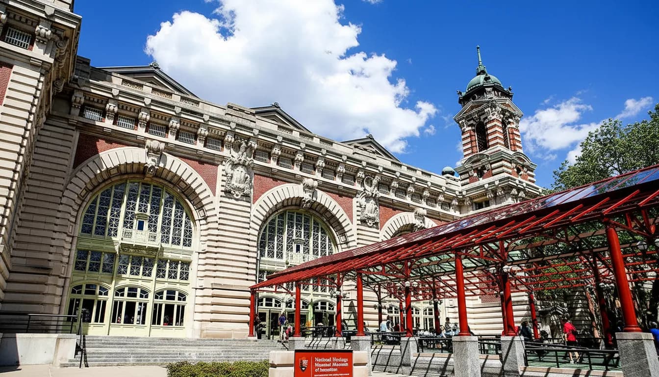 Ellis Island Museum entrance and red canopy