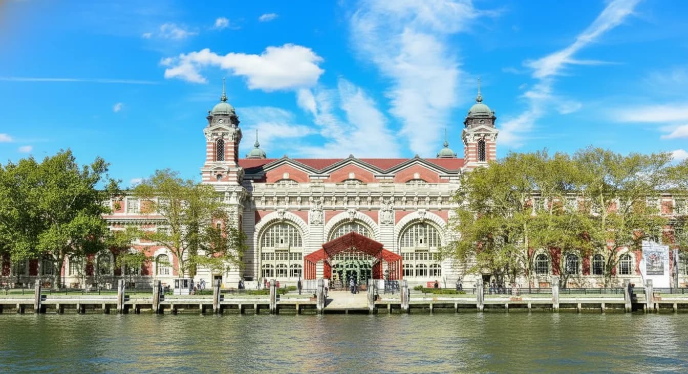 Ellis Island Immigration Museum waterfront view from the harbor