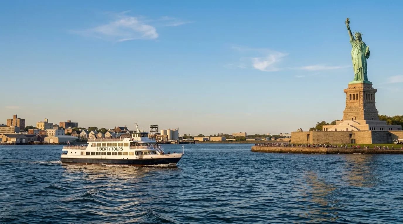 Liberty Tours ferry boat passing the Statue of Liberty
