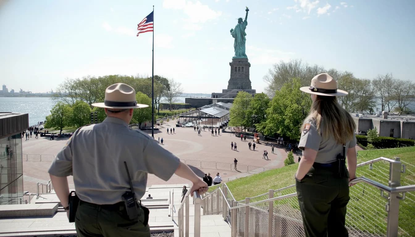 National Park Service rangers overlooking Liberty Island