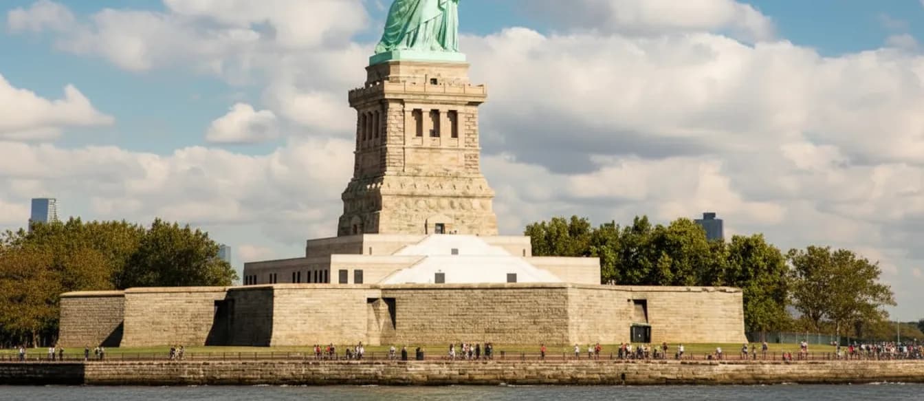 Liberty Island and pedestal viewed from the water