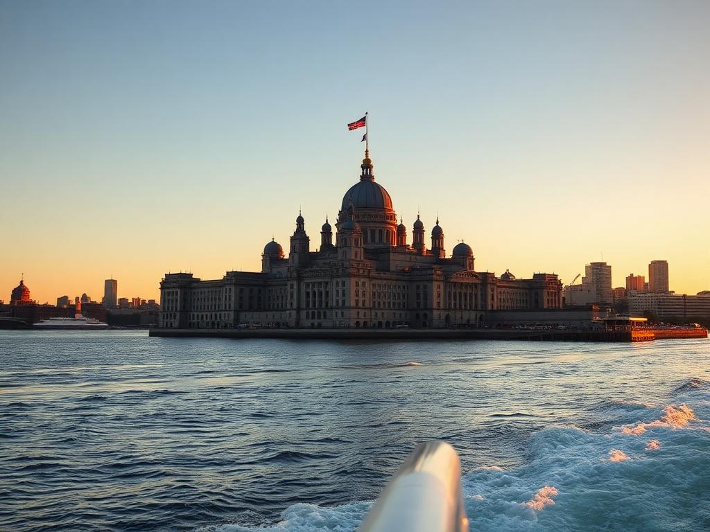 Ellis Island viewed from the cruise at sunset
