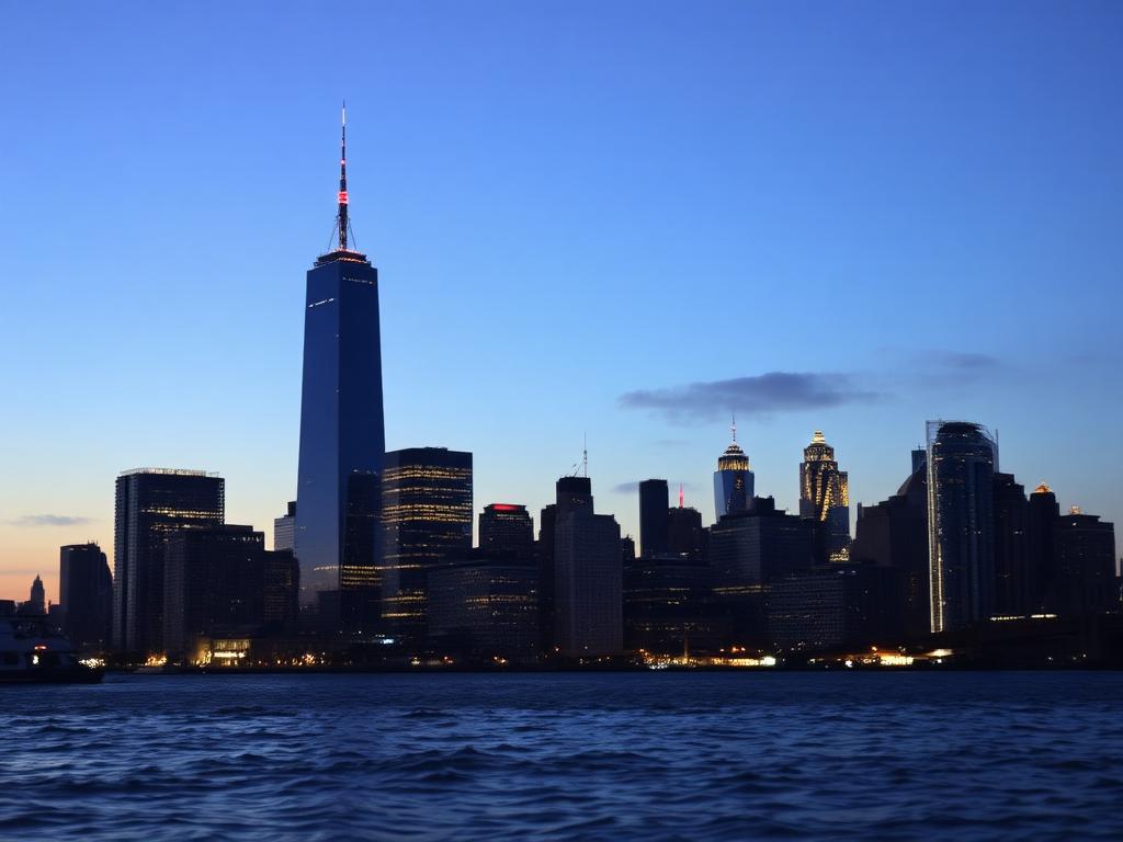 Lower Manhattan skyline at dusk
