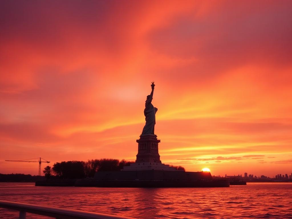 Statue of Liberty silhouette against sunset sky